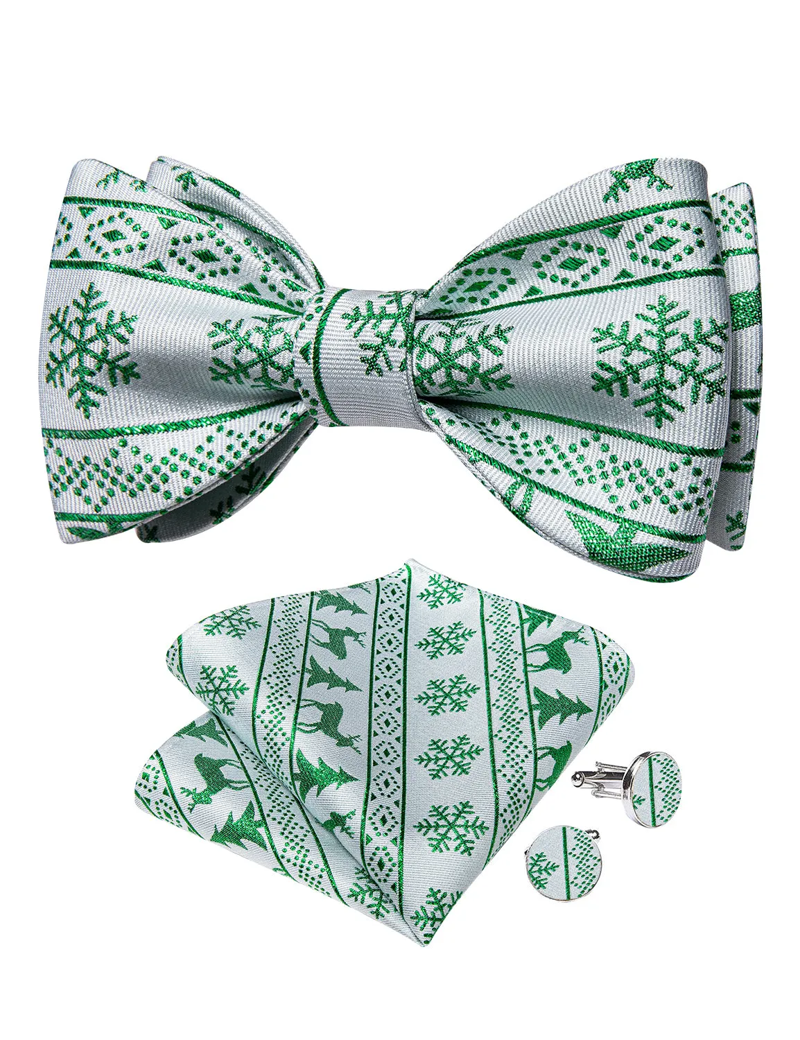 Christmas Green Snowflake Whtie Solid Silk Bowtie Pocket Square Cufflinks Set