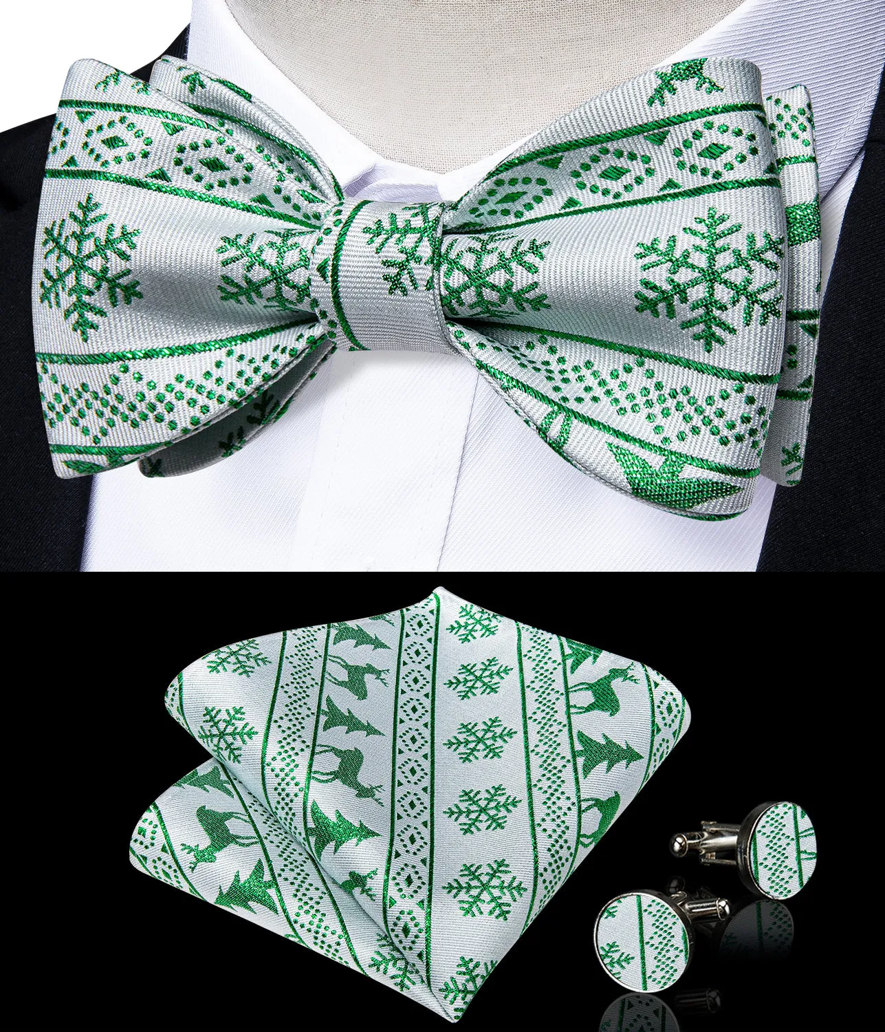 Christmas Green Snowflake Whtie Solid Silk Bowtie Pocket Square Cufflinks Set