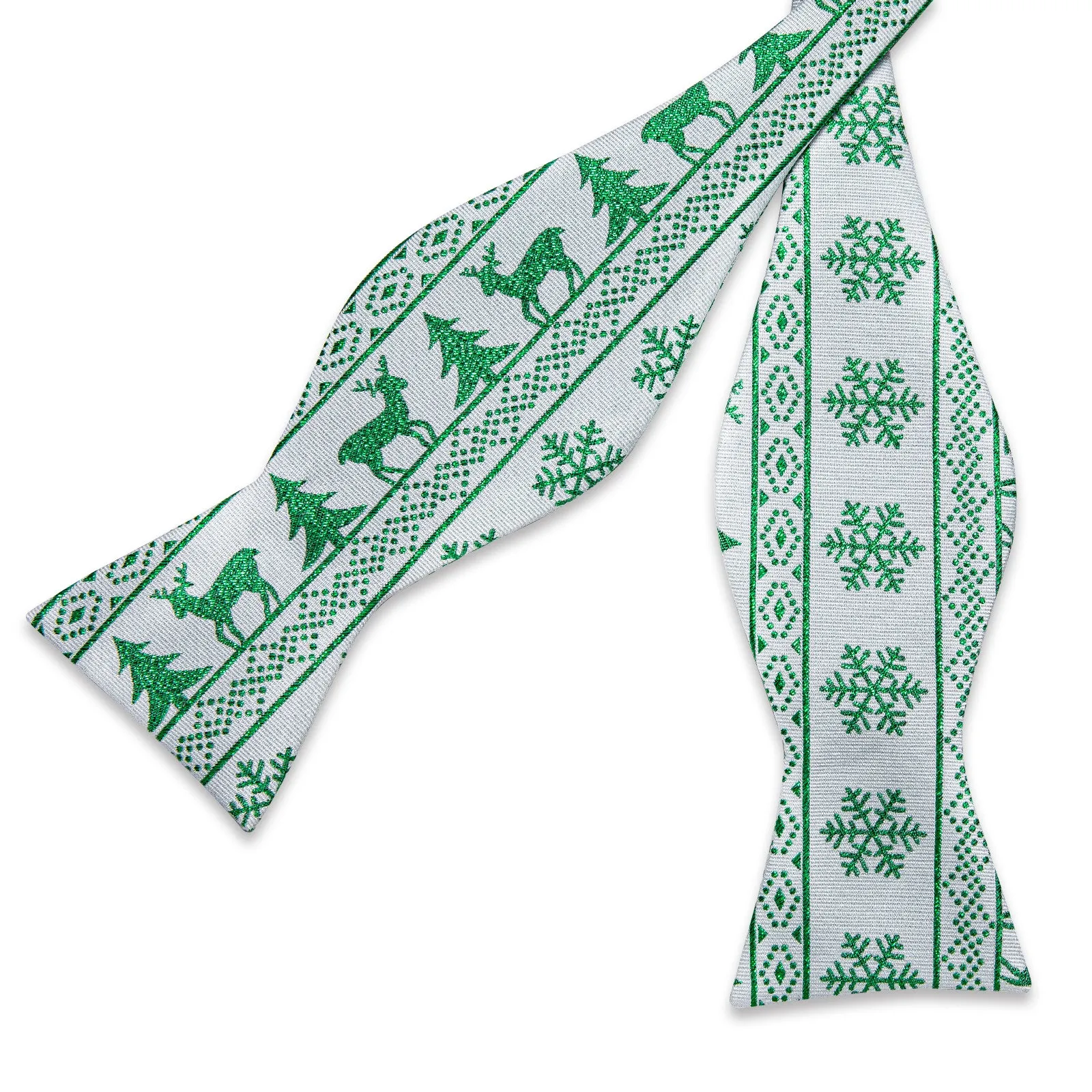 Christmas Green Snowflake Whtie Solid Silk Bowtie Pocket Square Cufflinks Set