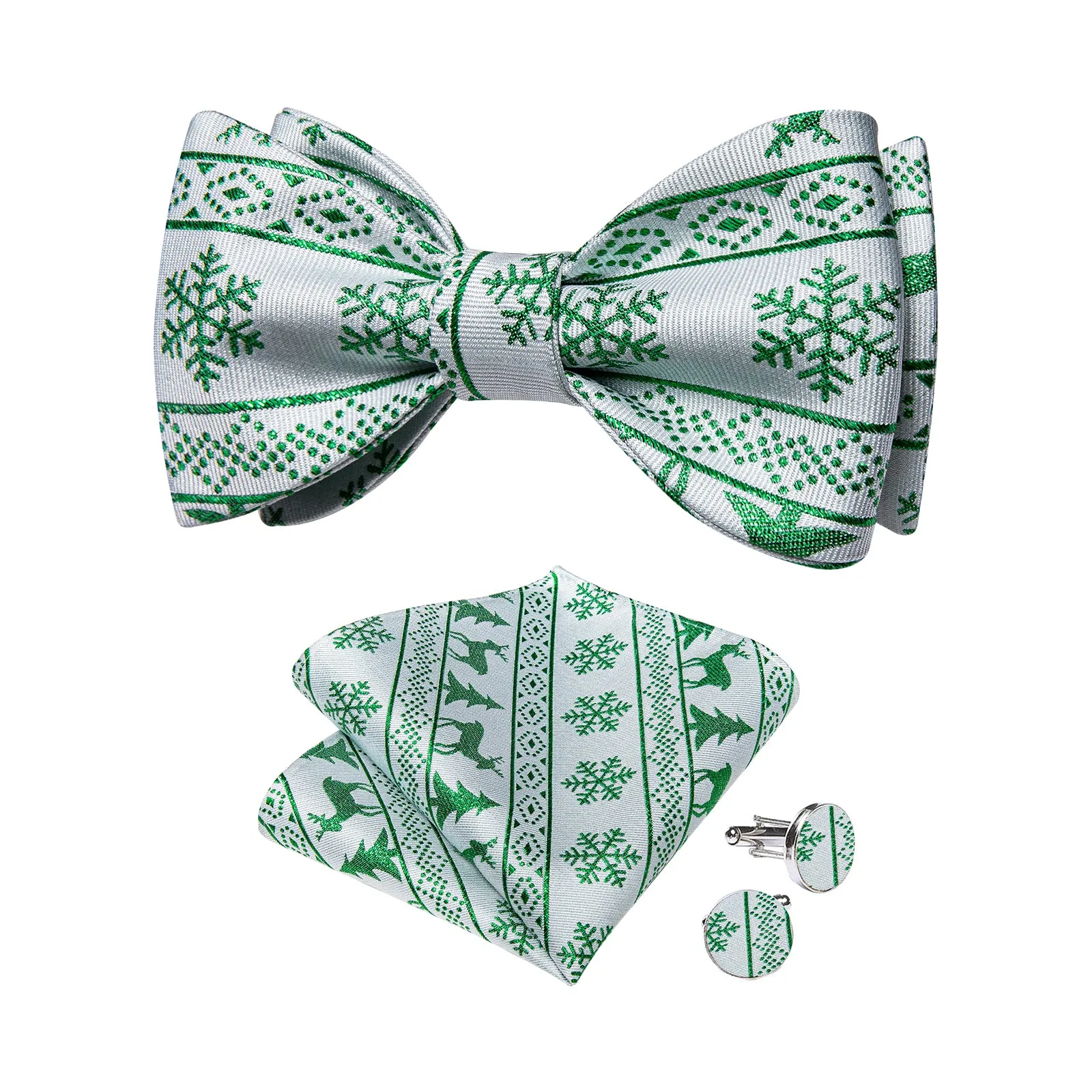 Christmas Green Snowflake Whtie Solid Silk Bowtie Pocket Square Cufflinks Set