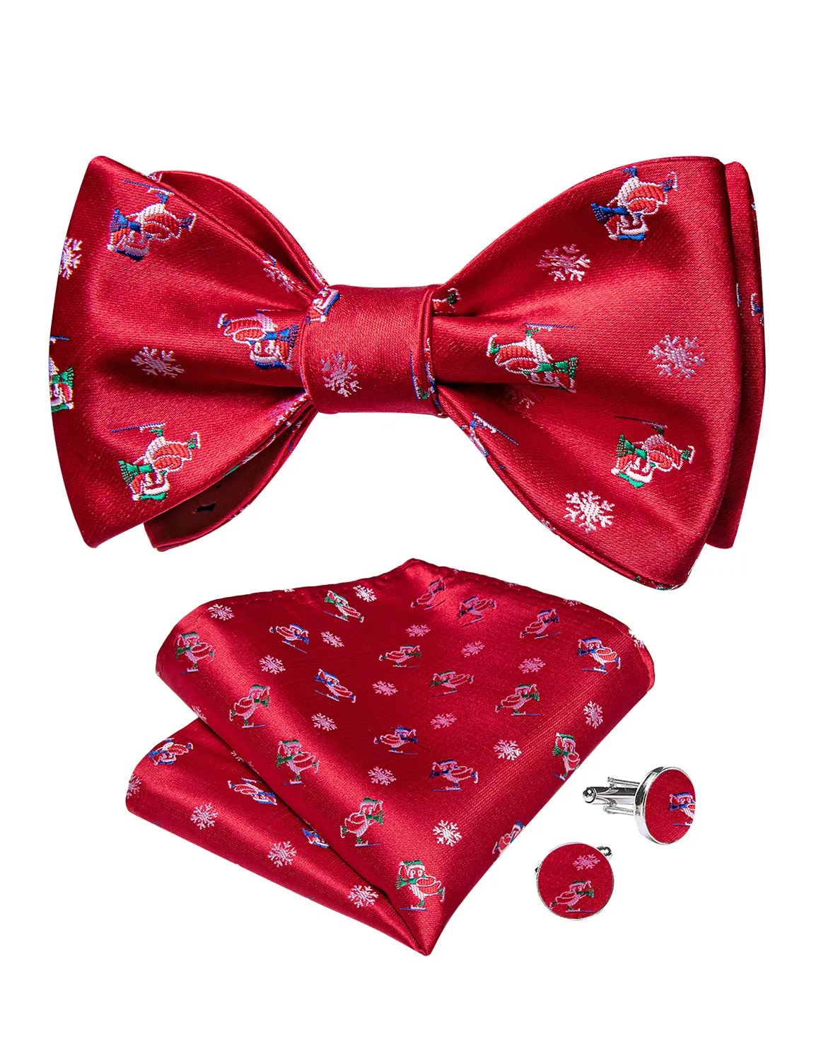Christmas Red Novel Snowflake Bowtie Pocket Square Cufflinks Set