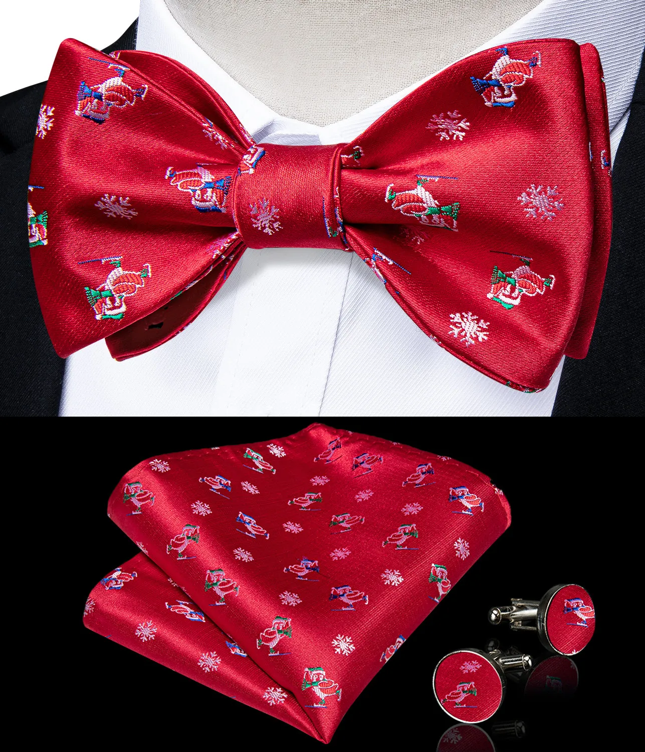 Christmas Red Novel Snowflake Bowtie Pocket Square Cufflinks Set