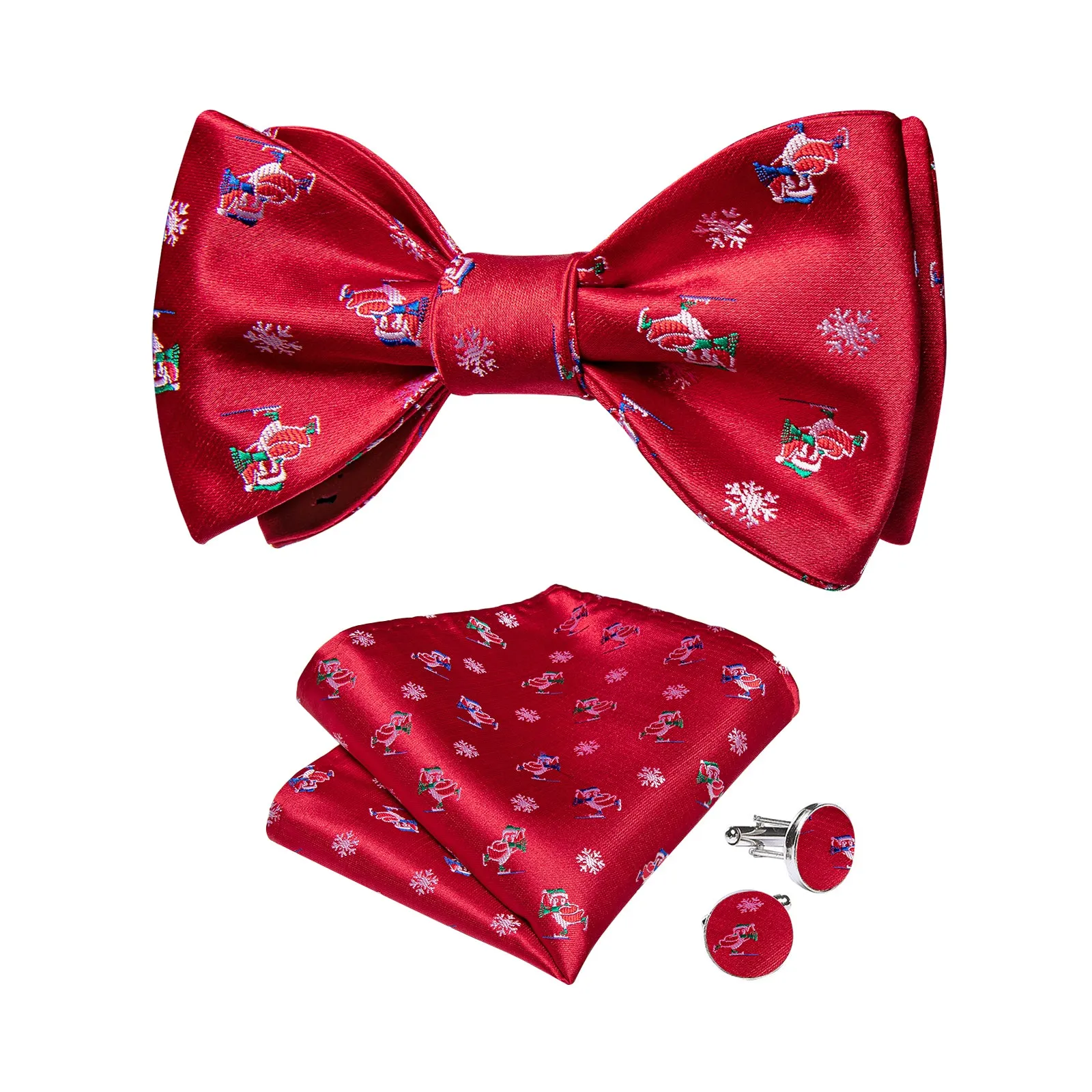 Christmas Red Novel Snowflake Bowtie Pocket Square Cufflinks Set