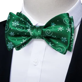 Christmas Snowflake Green Solid Self-Bowtie Pocket Square Cufflinks Set