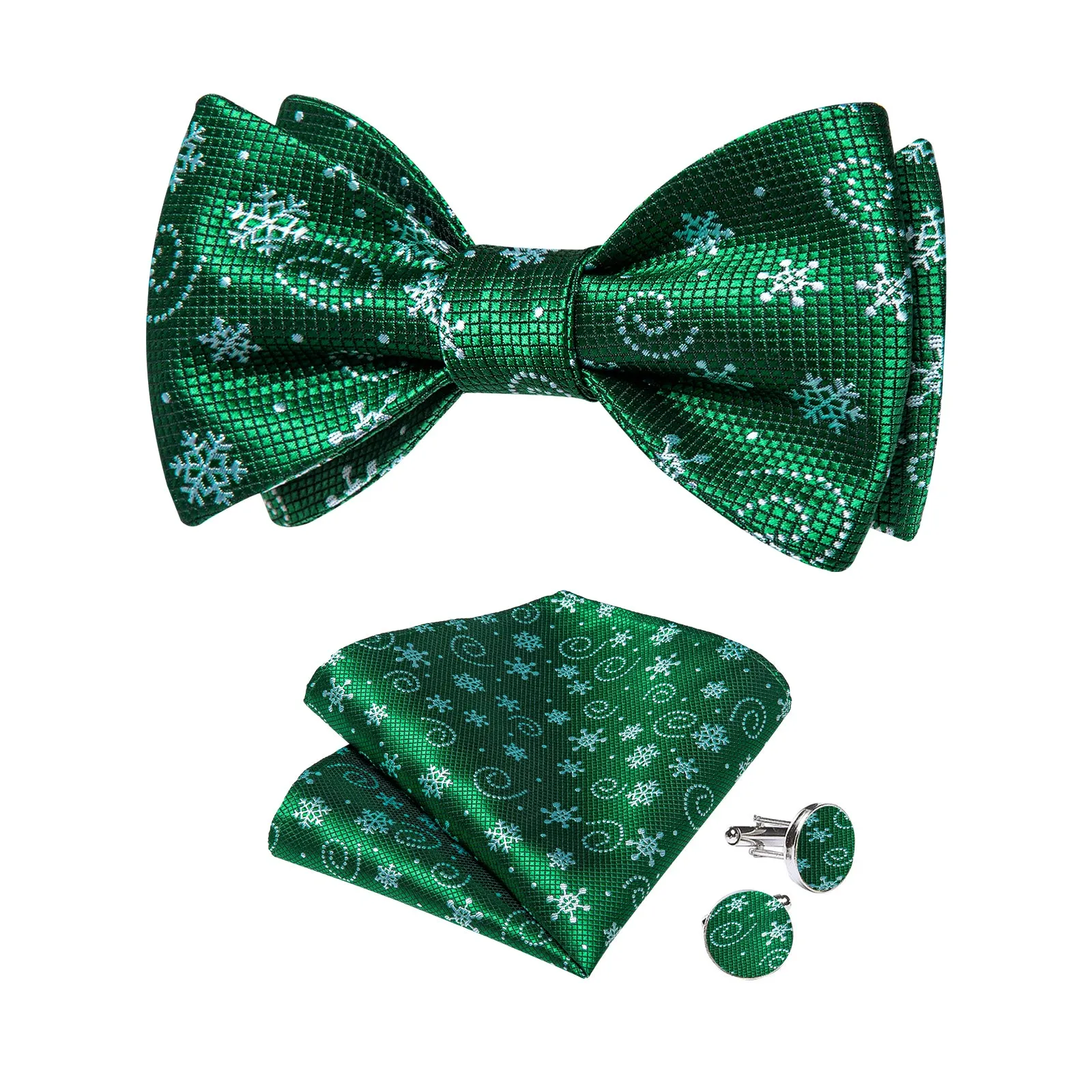 Christmas Snowflake Green Solid Self-Bowtie Pocket Square Cufflinks Set
