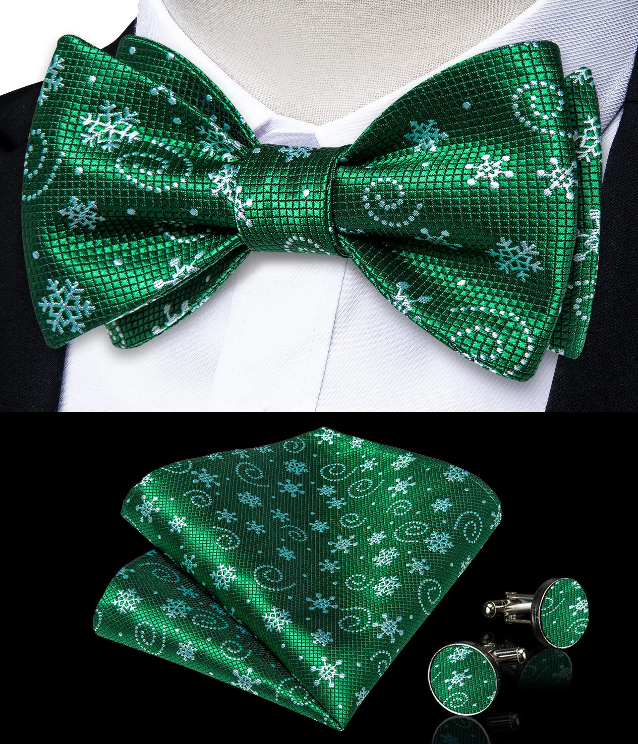 Christmas Snowflake Green Solid Self-Bowtie Pocket Square Cufflinks Set