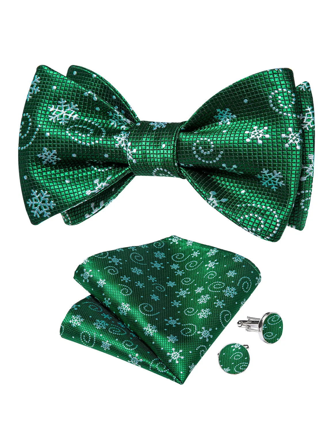 Christmas Snowflake Green Solid Self-Bowtie Pocket Square Cufflinks Set