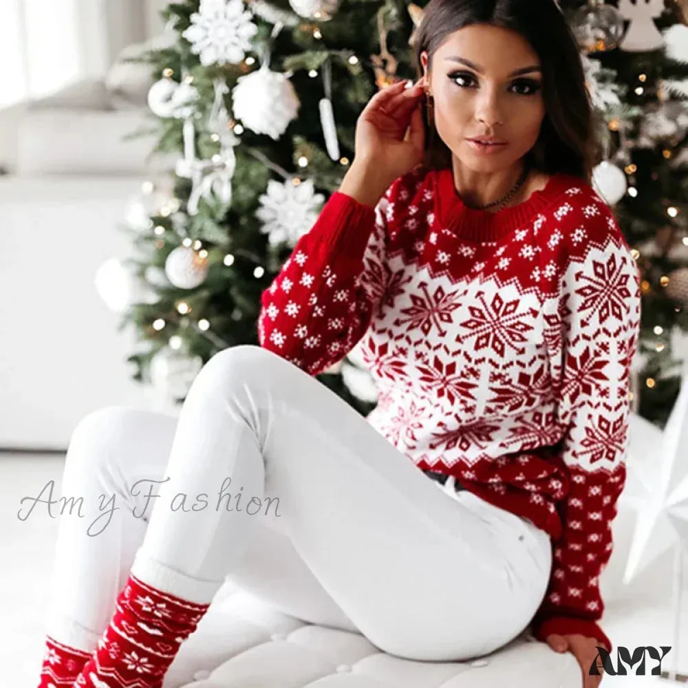 Christmas Snowflake Knitted Long Sleeve O Neck Casual Printed Sweater