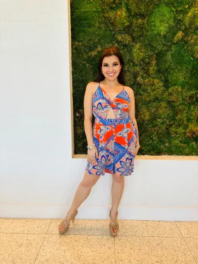 Clara royal blue paisley print cut out with a back tie romper