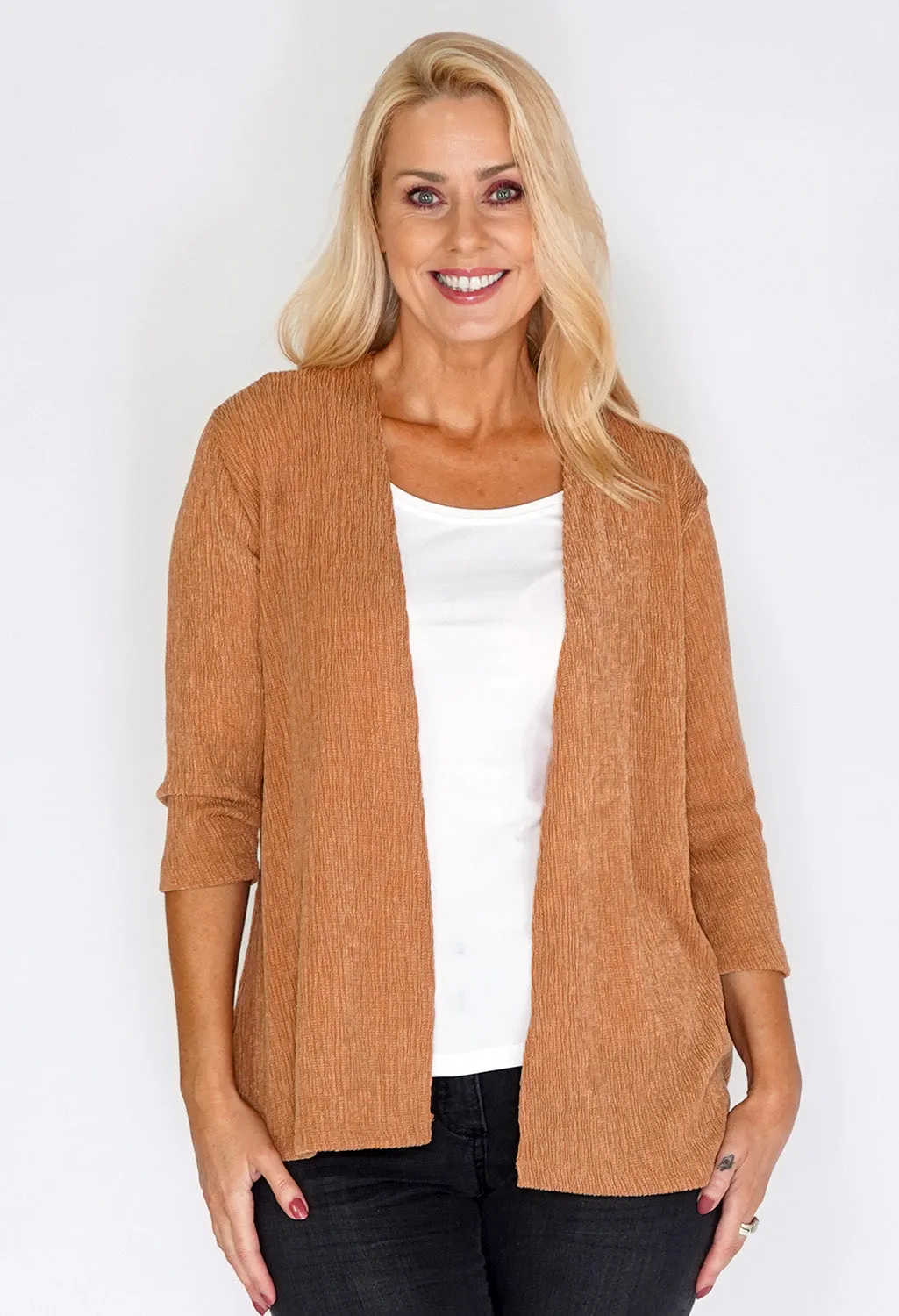 Cognac Crinkle Open Cardigan