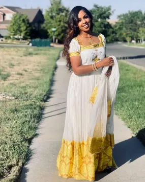 Contemporary Yellow Short Sleeved Habesha Dress: for Religious And Cultural Celebrations Traditional Ethiopian Dress Beautiful Habesha Kemis