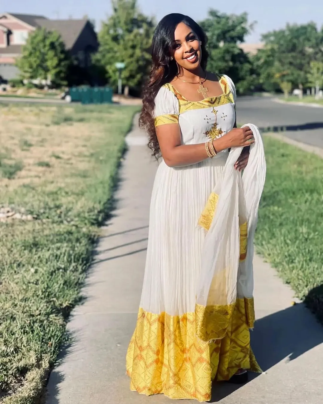 Contemporary Yellow Short Sleeved Habesha Dress: for Religious And Cultural Celebrations Traditional Ethiopian Dress Beautiful Habesha Kemis