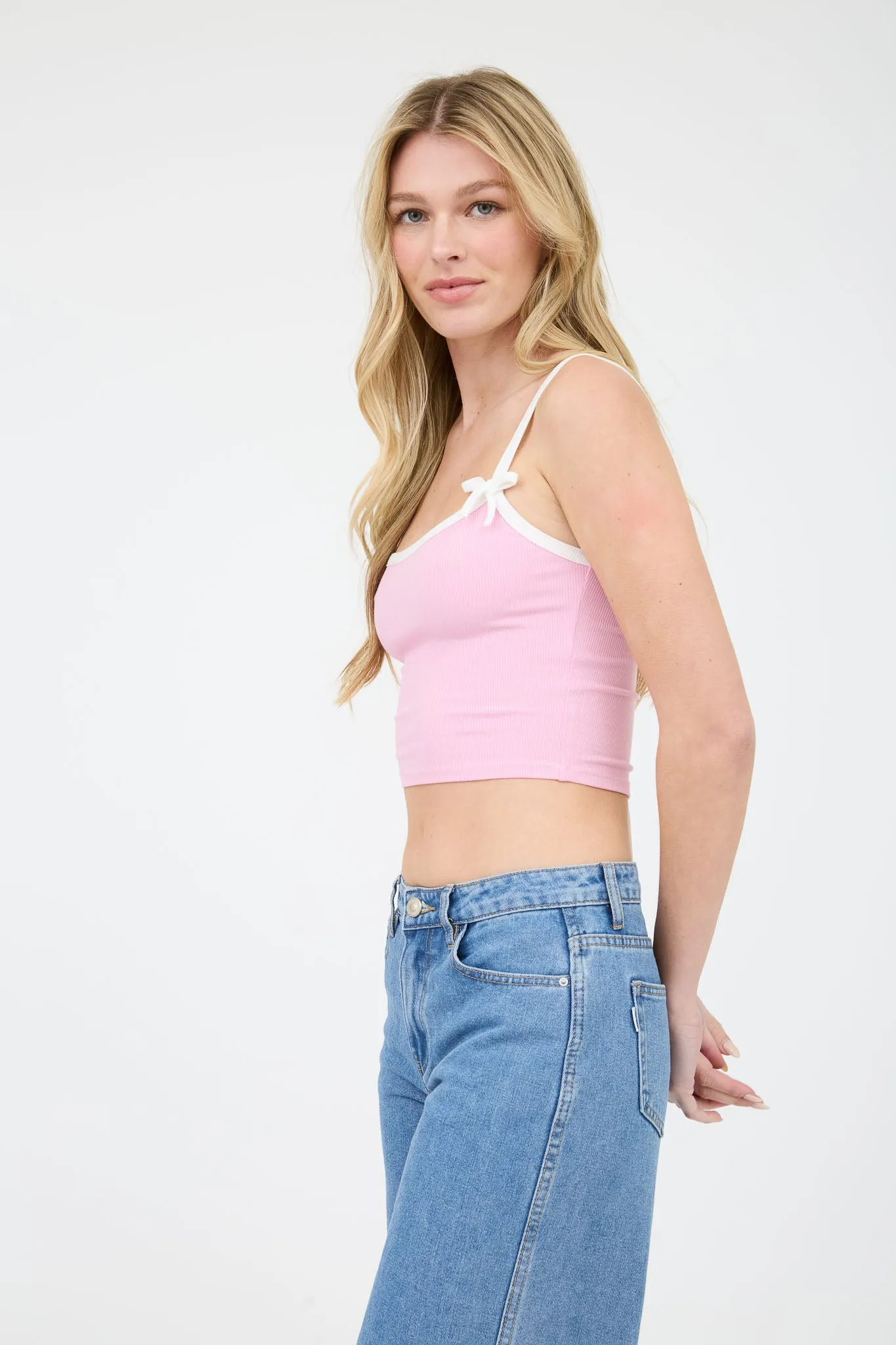 CONTRAST TRIM RIBBON DETAIL KNIT CAMI CROP TOP