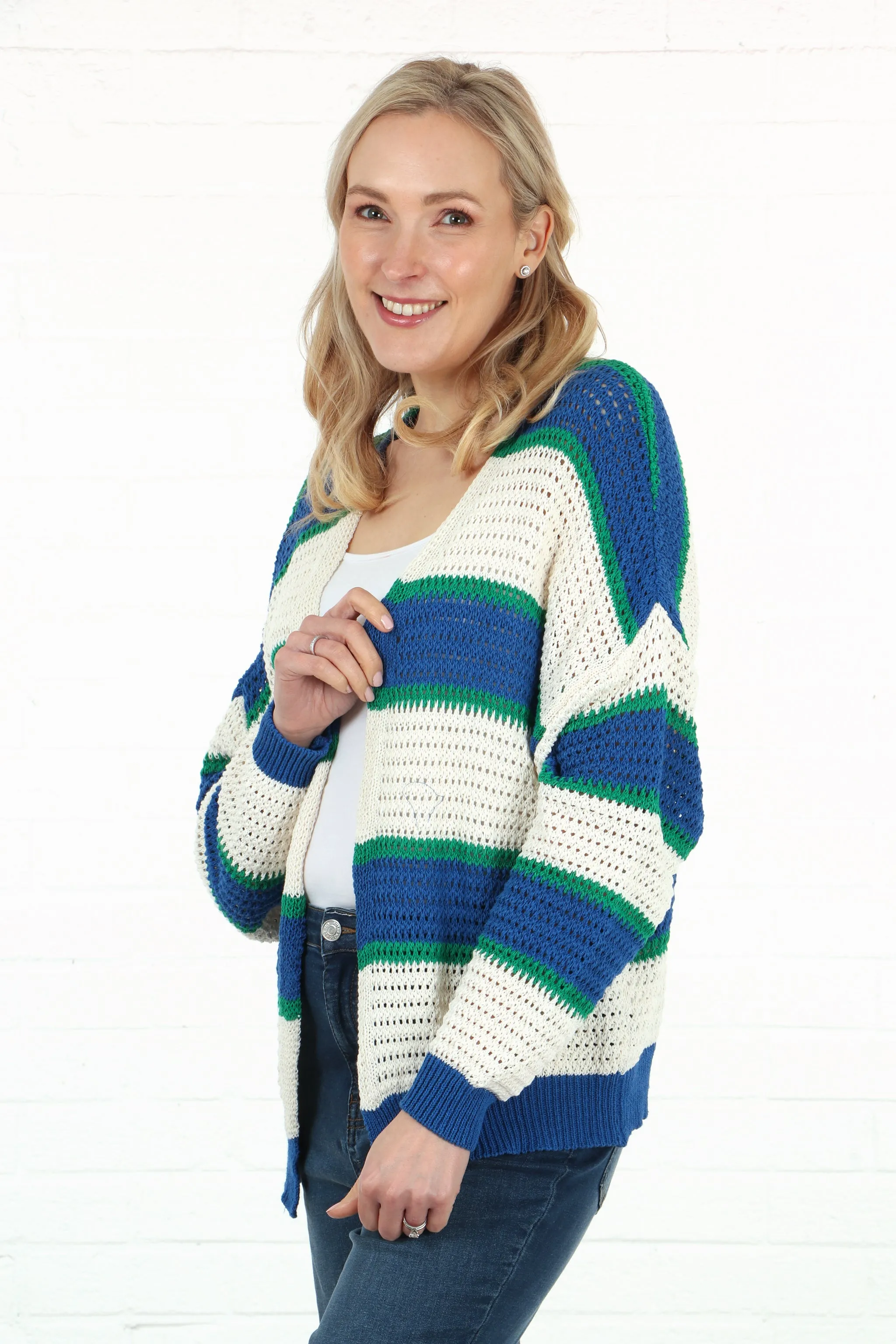 Cotton Open Knit Cardigan Stripes in Cream Blue Green
