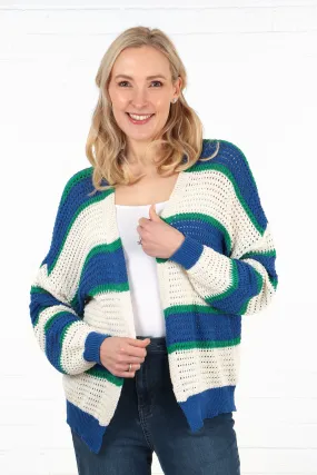 Cotton Open Knit Cardigan Stripes in Cream Blue Green