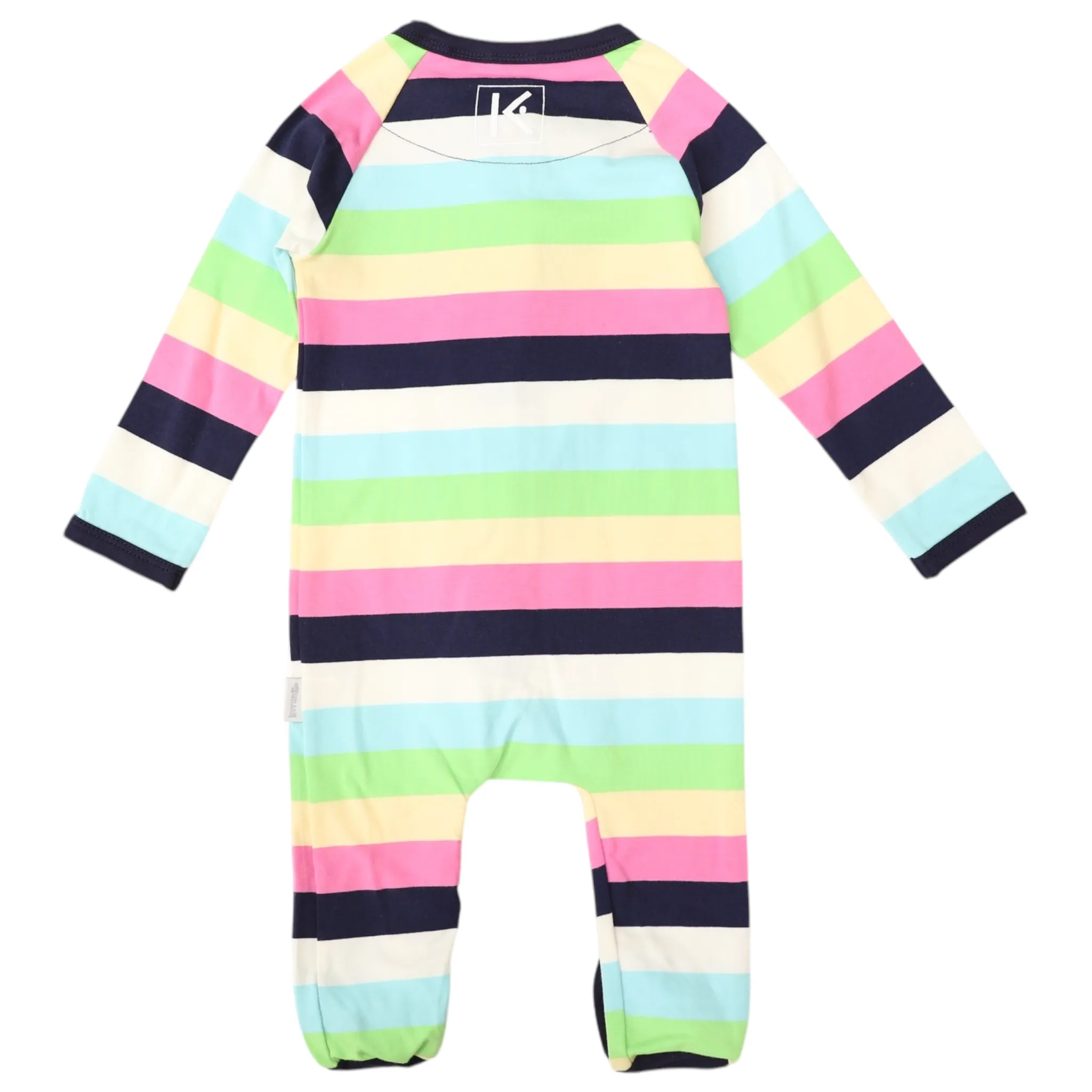 Cotton Stretch Long Sleeve Romper with Zip - Pastel Rainbow Stripe with Navy Trim