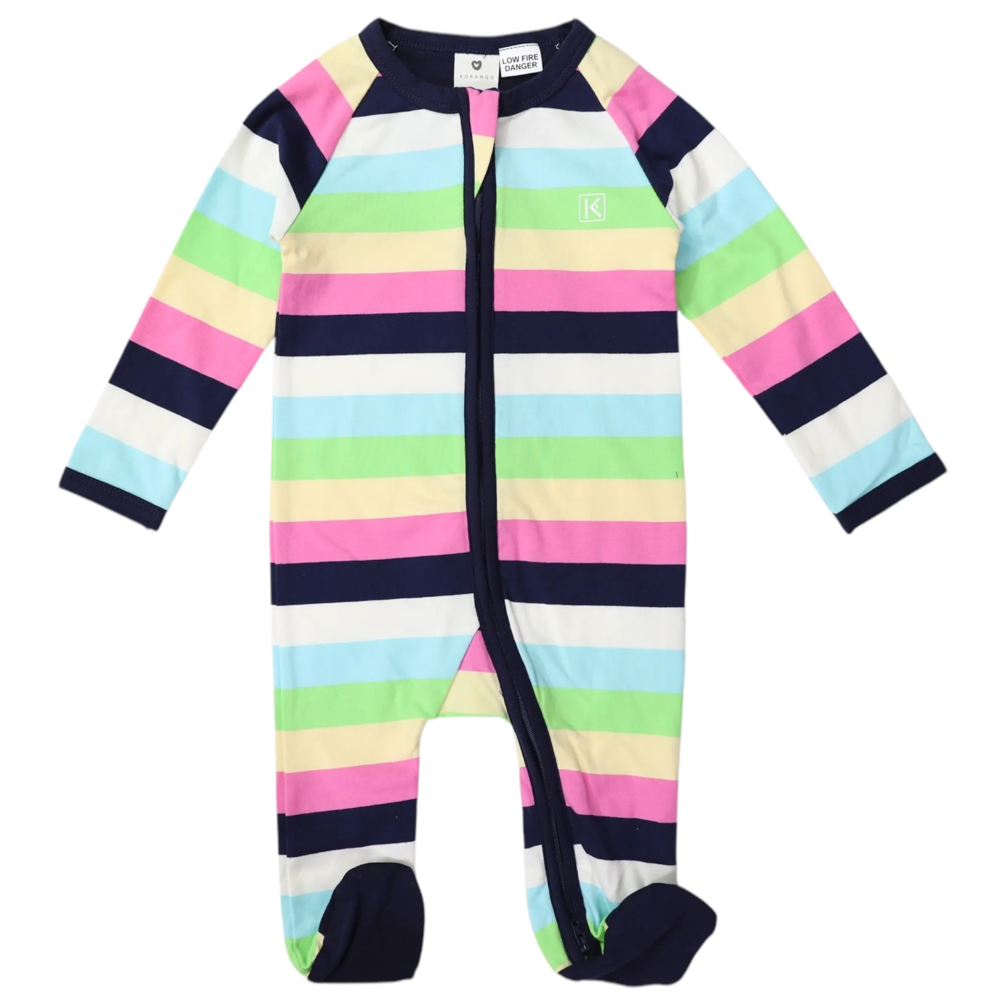Cotton Stretch Long Sleeve Romper with Zip - Pastel Rainbow Stripe with Navy Trim