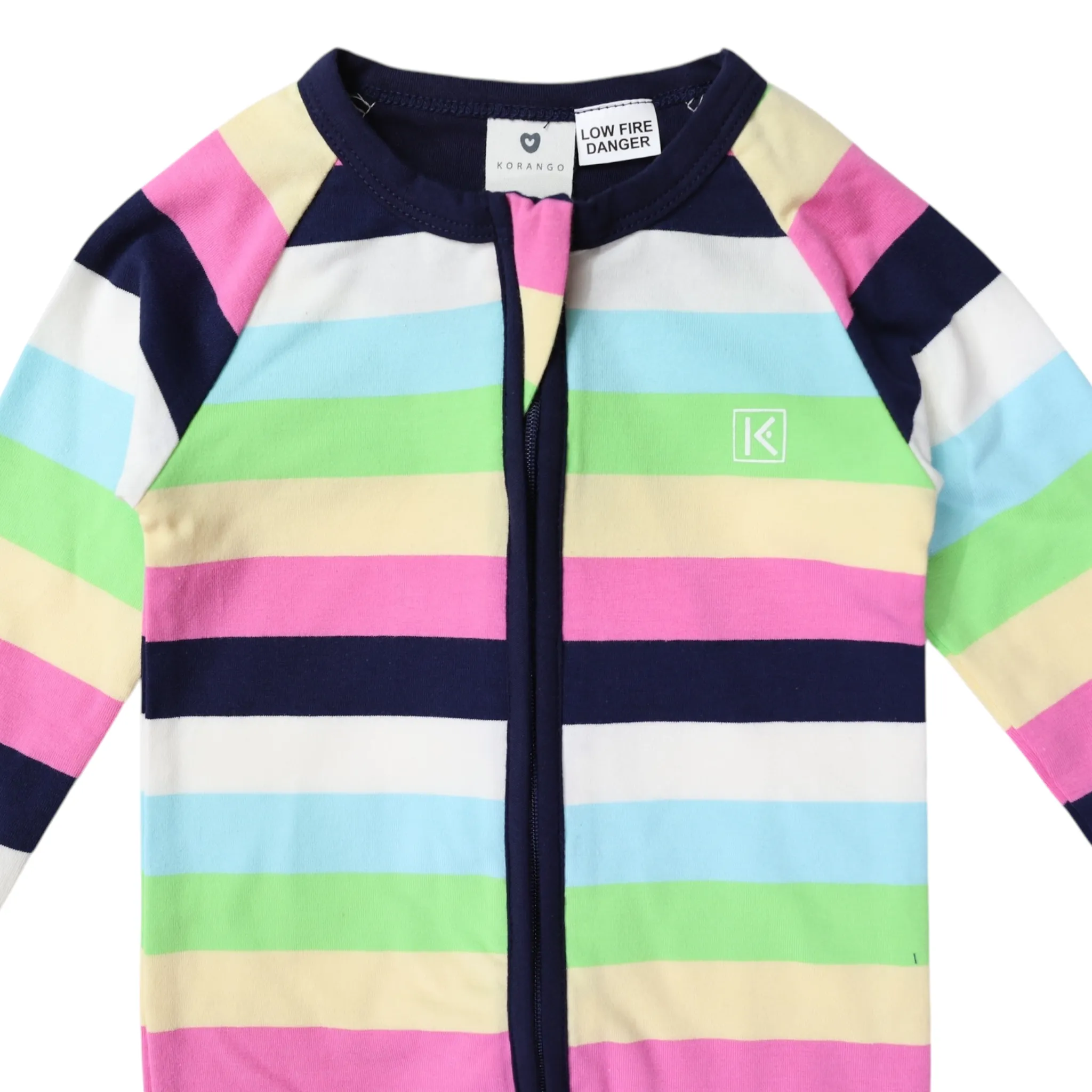 Cotton Stretch Long Sleeve Romper with Zip - Pastel Rainbow Stripe with Navy Trim