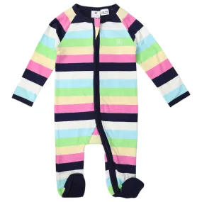 Cotton Stretch Long Sleeve Romper with Zip - Pastel Rainbow Stripe with Navy Trim