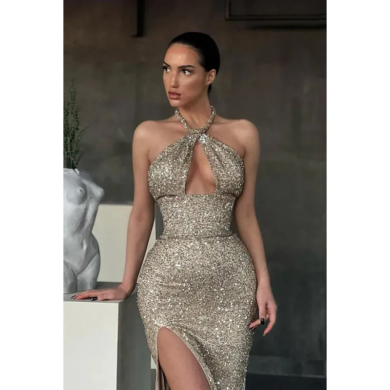 Cross-Neck Sequined Sheath Long Prom Gown With Thigh Slit