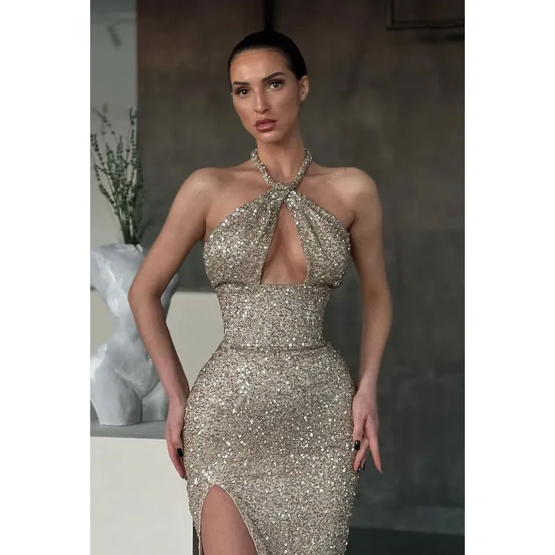 Cross-Neck Sequined Sheath Long Prom Gown With Thigh Slit