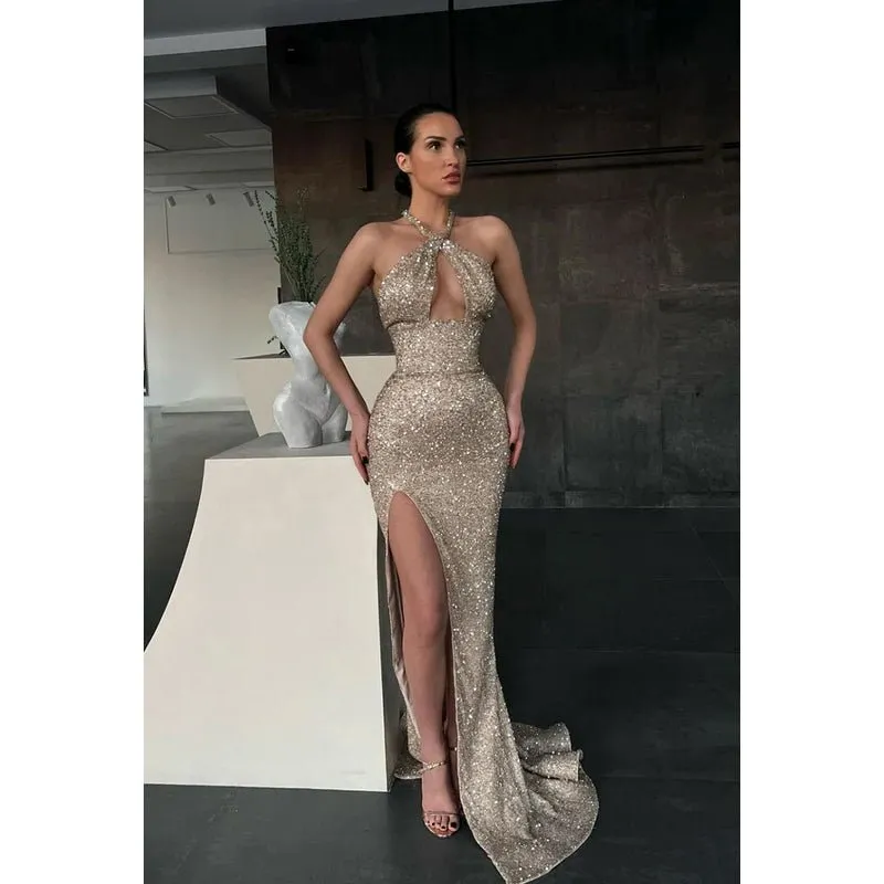 Cross-Neck Sequined Sheath Long Prom Gown With Thigh Slit