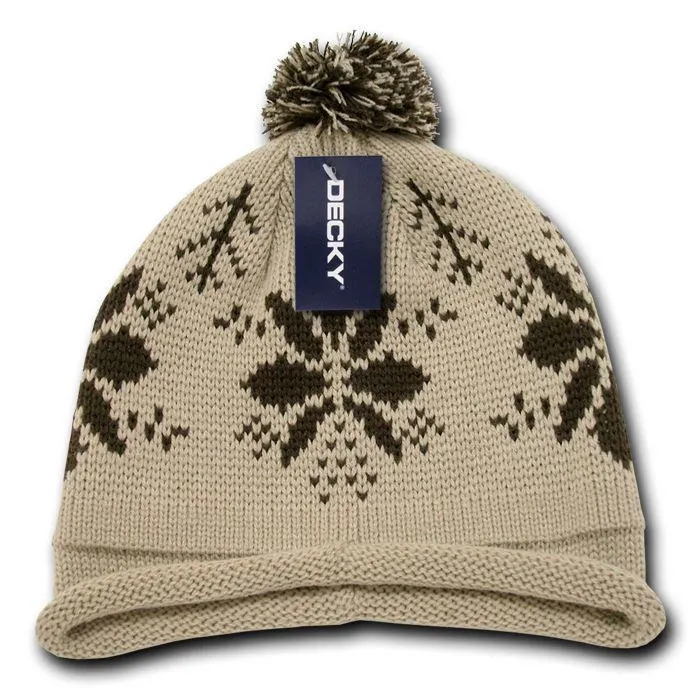 Decky Snowflake Winter Warm Knitted Solid Roll Up Beanies Ski Pom Pom Unisex