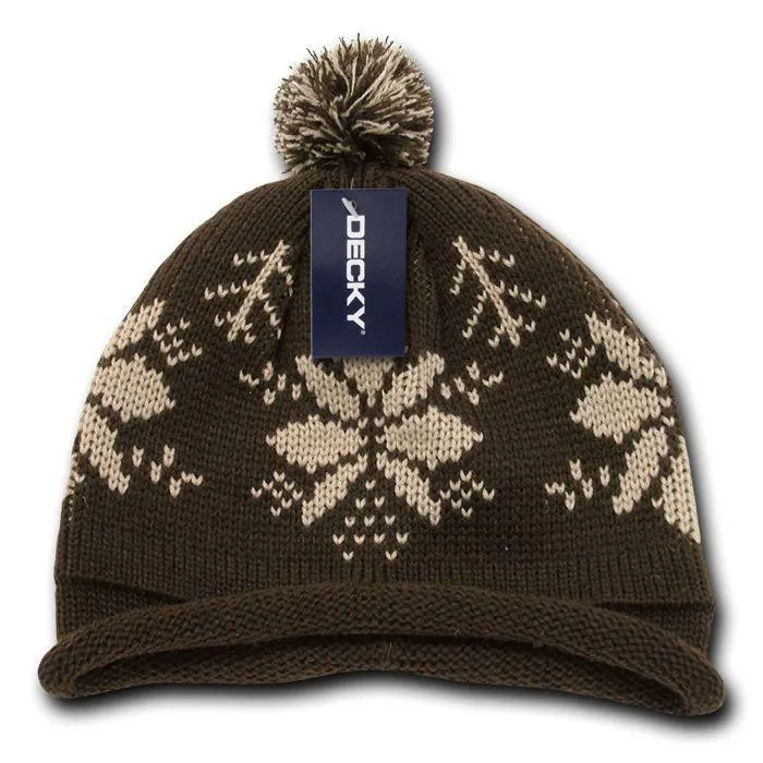 Decky Snowflake Winter Warm Knitted Solid Roll Up Beanies Ski Pom Pom Unisex