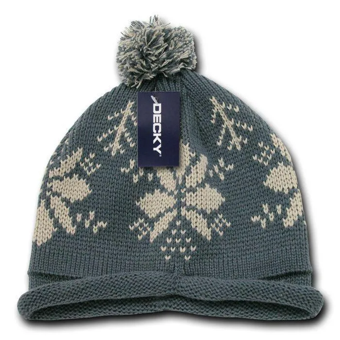 Decky Snowflake Winter Warm Knitted Solid Roll Up Beanies Ski Pom Pom Unisex