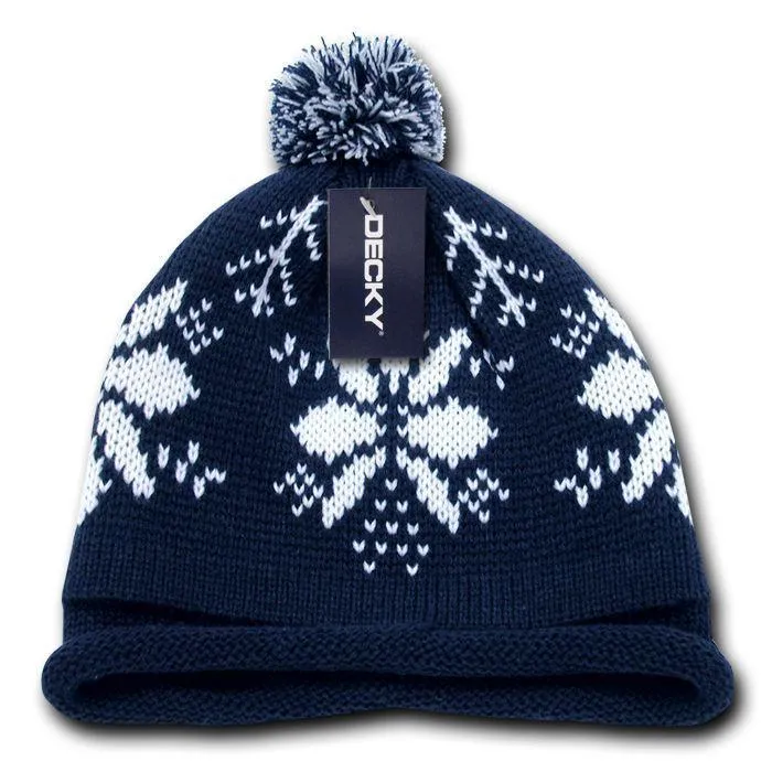 Decky Snowflake Winter Warm Knitted Solid Roll Up Beanies Ski Pom Pom Unisex