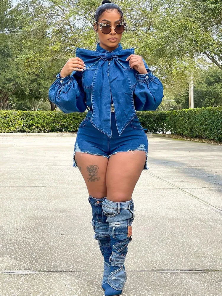 Denim Long Sleeve Ripped Bodycon Short Jumpsuit