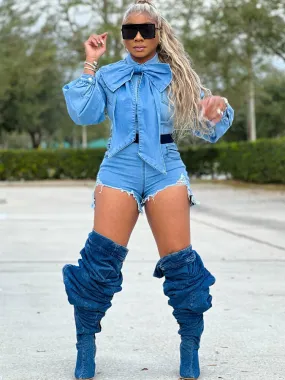 Denim Long Sleeve Ripped Bodycon Short Jumpsuit