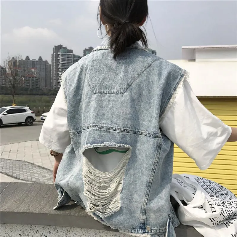 Denim Sleeveles Ripped Grunge Vest