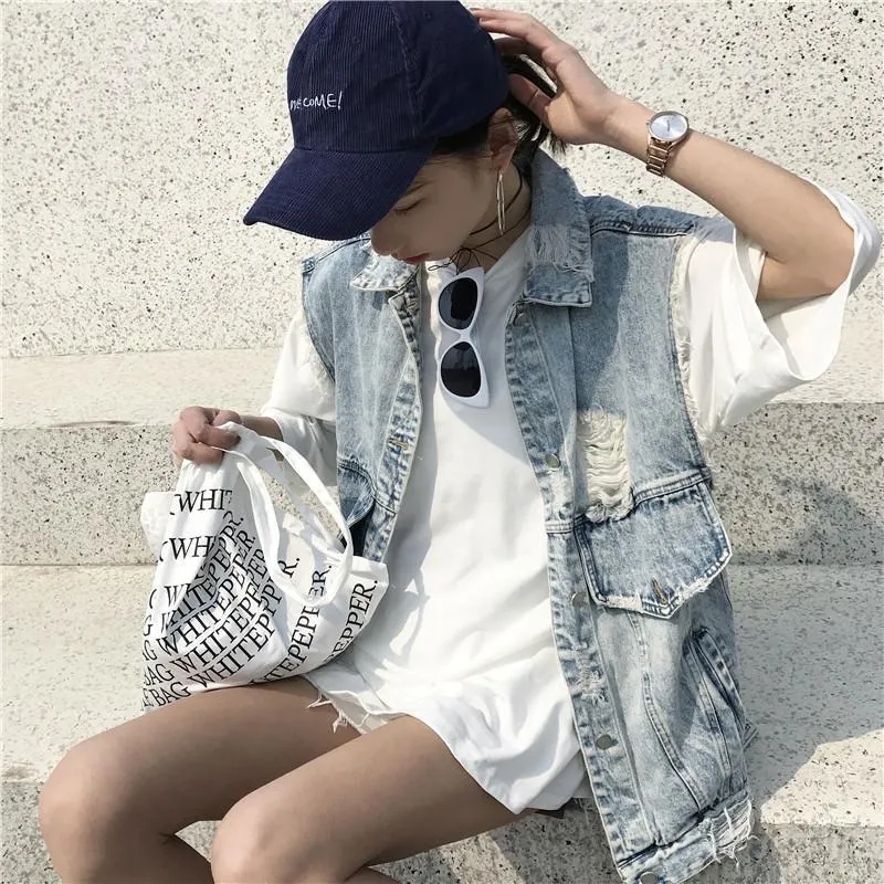 Denim Sleeveles Ripped Grunge Vest