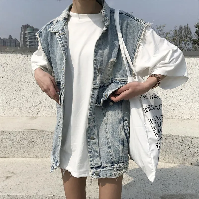 Denim Sleeveles Ripped Grunge Vest