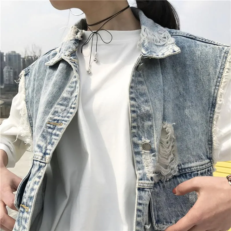 Denim Sleeveles Ripped Grunge Vest