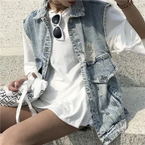 Denim Sleeveles Ripped Grunge Vest