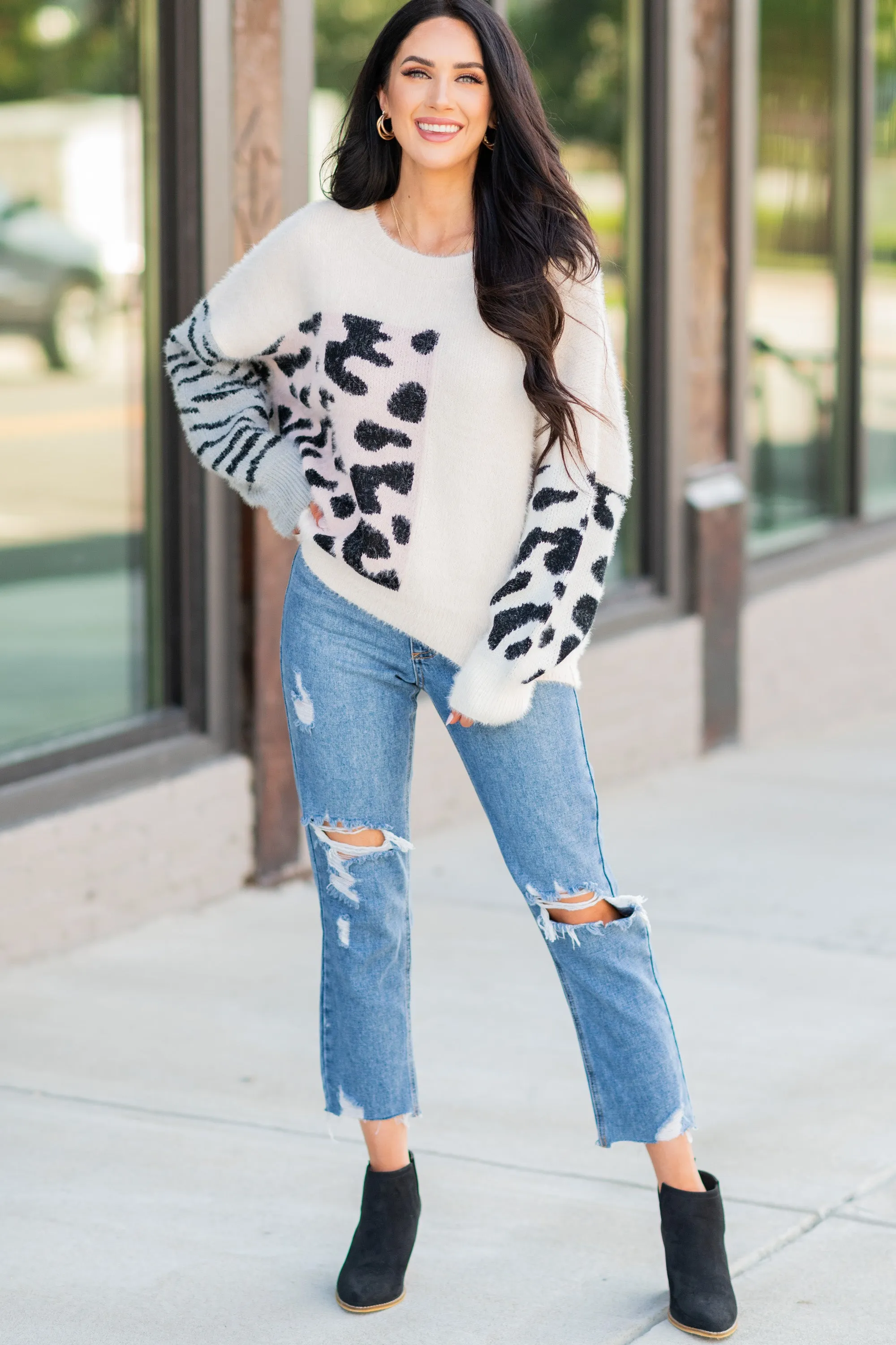 Easy Days Ivory White Leopard Sweater