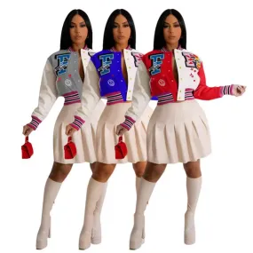 F5033 new European and American women&#039;s winter stitching printing button baseball uniform coat