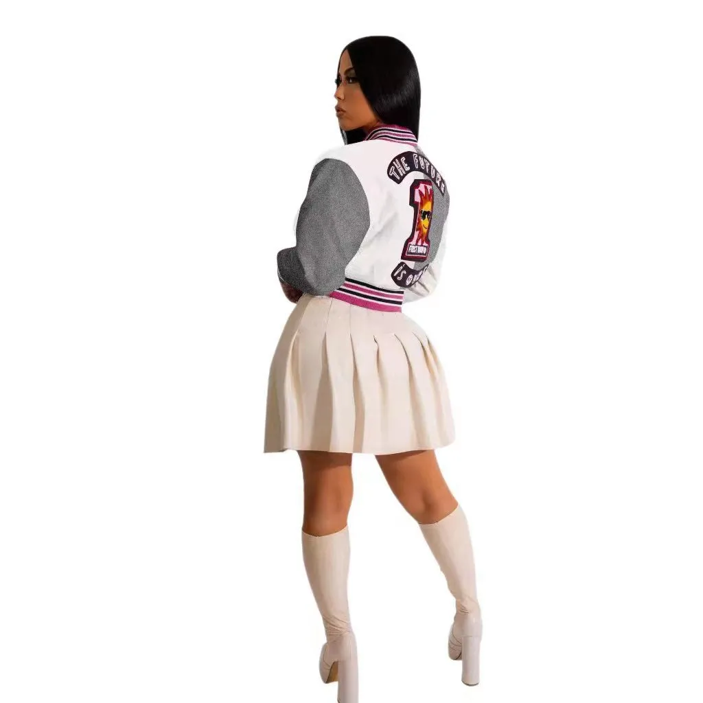 F5033 new European and American women&#039;s winter stitching printing button baseball uniform coat