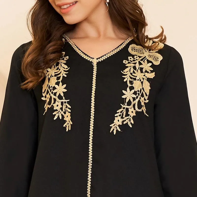 FashionSierra - New Summer Women's Fashion Arabian Style V-neck Gold Embroidery Pair Flower Loose Long Sleeve 3/4 Sleeve Black Dress Plus Size