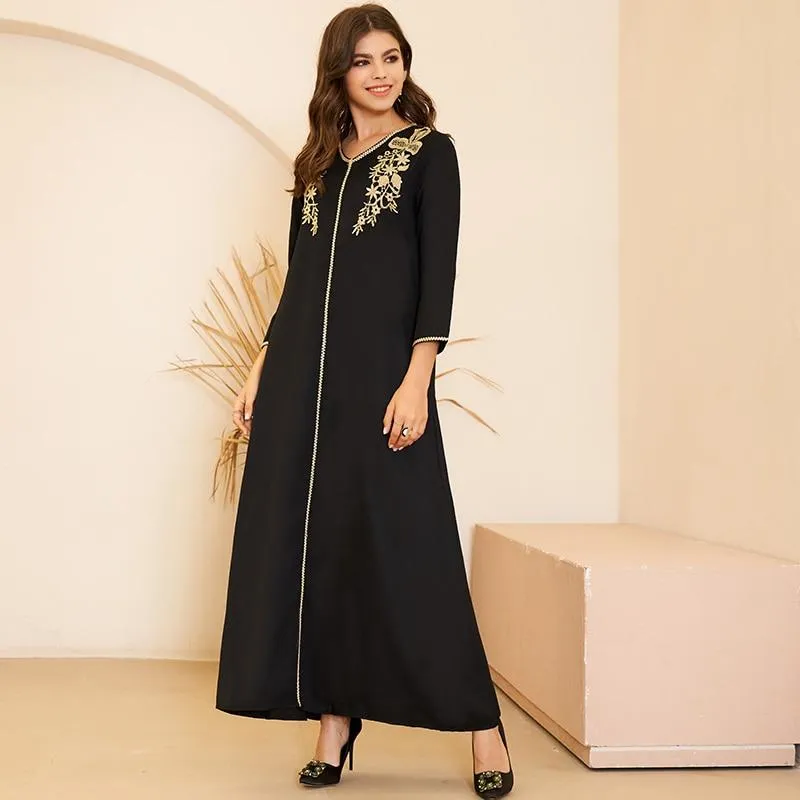 FashionSierra - New Summer Women's Fashion Arabian Style V-neck Gold Embroidery Pair Flower Loose Long Sleeve 3/4 Sleeve Black Dress Plus Size