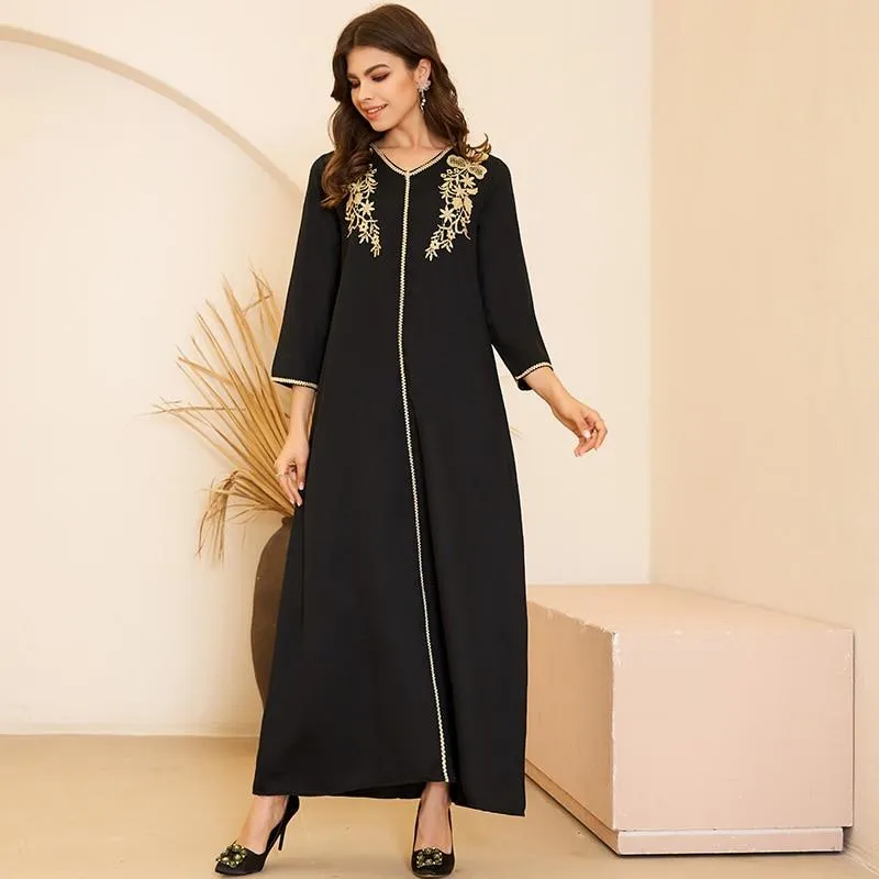 FashionSierra - New Summer Women's Fashion Arabian Style V-neck Gold Embroidery Pair Flower Loose Long Sleeve 3/4 Sleeve Black Dress Plus Size