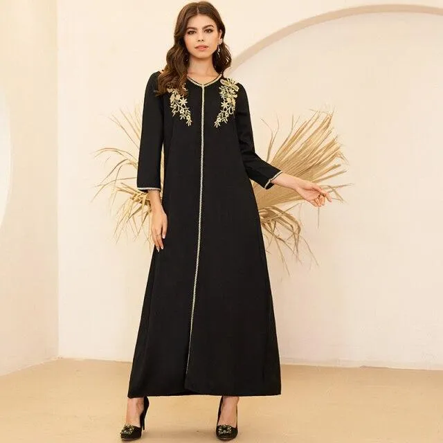 FashionSierra - New Summer Women's Fashion Arabian Style V-neck Gold Embroidery Pair Flower Loose Long Sleeve 3/4 Sleeve Black Dress Plus Size