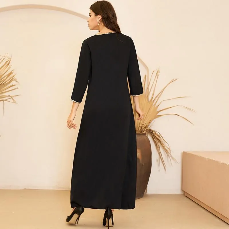 FashionSierra - New Summer Women's Fashion Arabian Style V-neck Gold Embroidery Pair Flower Loose Long Sleeve 3/4 Sleeve Black Dress Plus Size