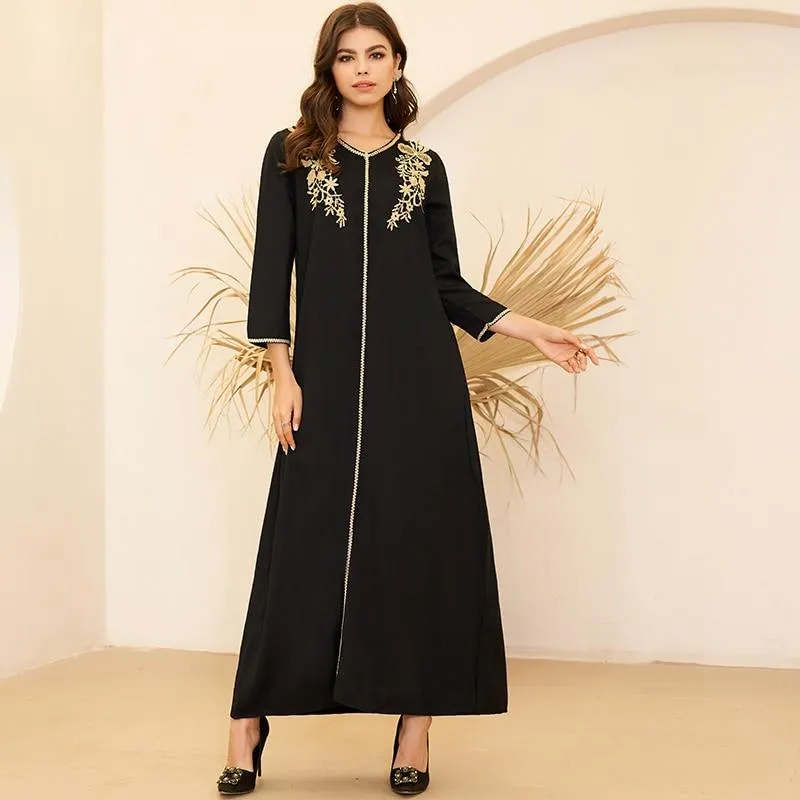 FashionSierra - New Summer Women's Fashion Arabian Style V-neck Gold Embroidery Pair Flower Loose Long Sleeve 3/4 Sleeve Black Dress Plus Size