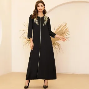 FashionSierra - New Summer Women's Fashion Arabian Style V-neck Gold Embroidery Pair Flower Loose Long Sleeve 3/4 Sleeve Black Dress Plus Size