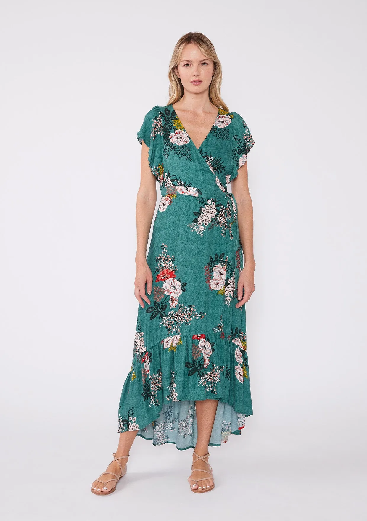 Floral Print Flutter Sleeve High Low Wrap Dress