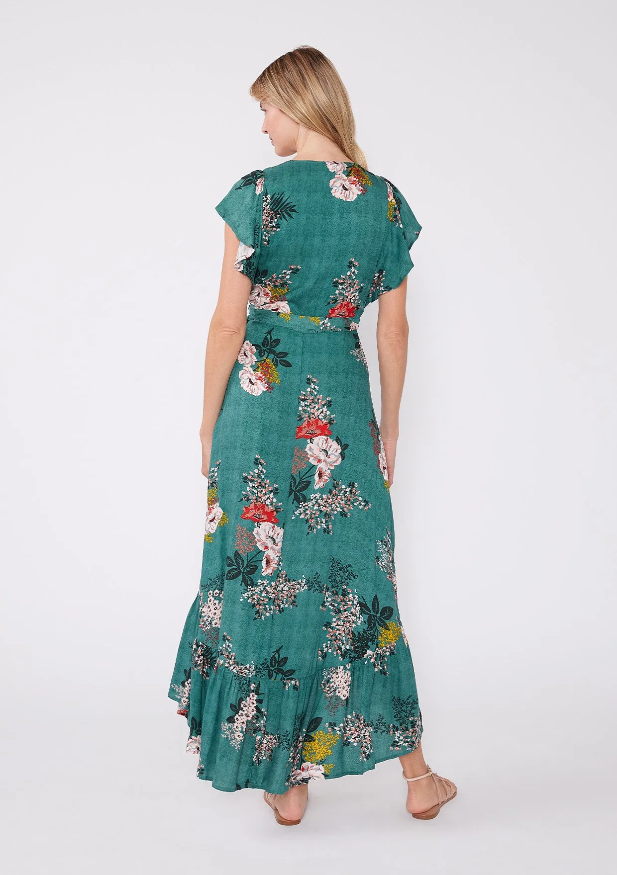 Floral Print Flutter Sleeve High Low Wrap Dress