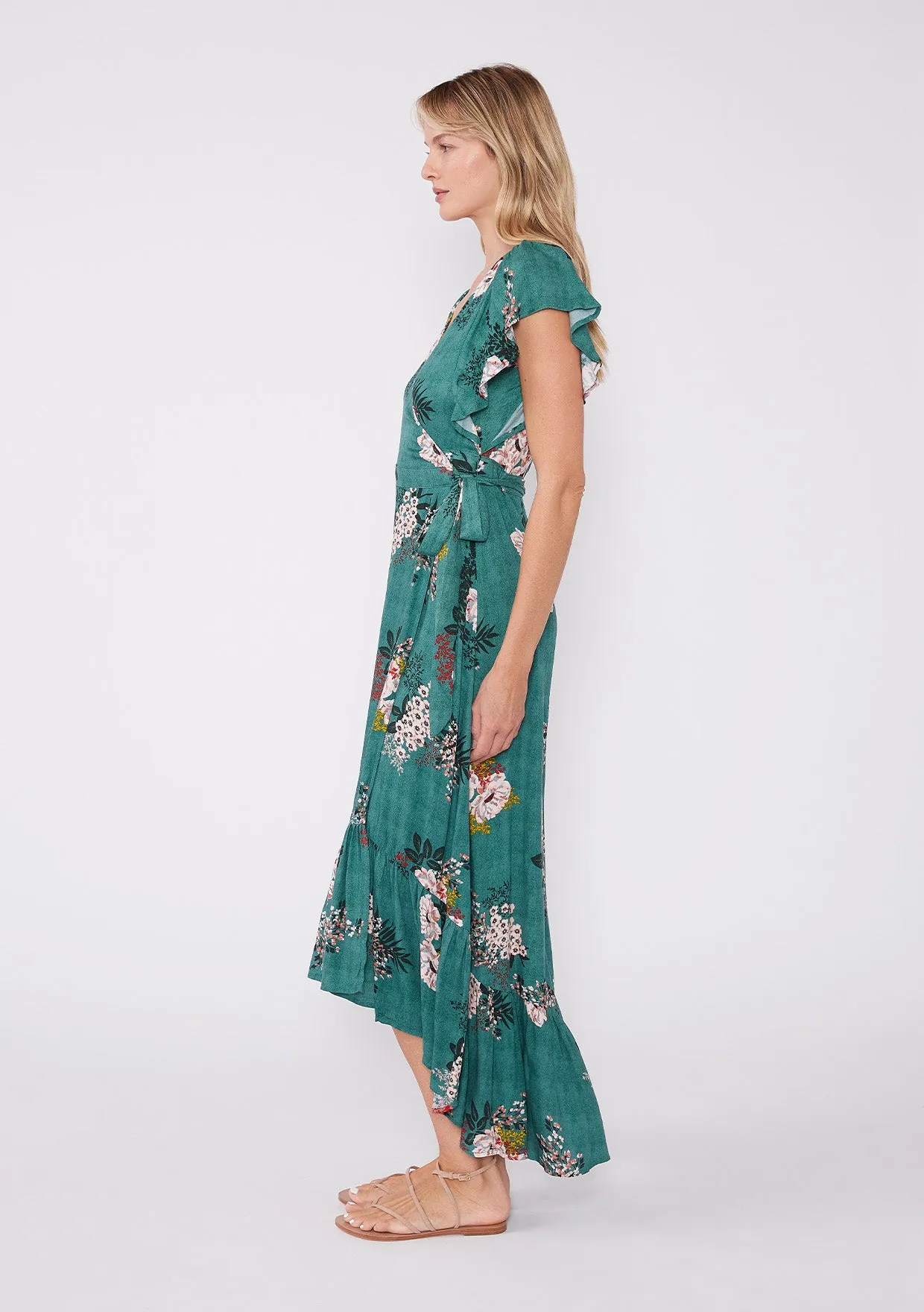 Floral Print Flutter Sleeve High Low Wrap Dress